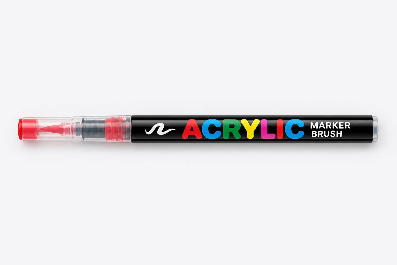 Détail du marqueur H2RM : corps noir, lettrage multicolore et capuchon transparent rouge.